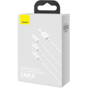 Baseus 3-In-1, Superior Series, CAMLTYS-02, USB Male la microUSB, USB-C, Lightning Male, 1.2 m, White, amperaj maxim suportat 3.5A