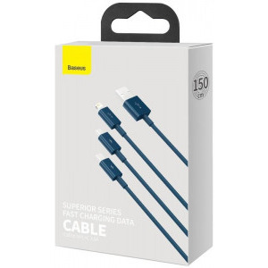 Baseus 3-In-1, Superior Series, CAMLTYS-03, USB Male la microUSB, USB-C, Lightning Male, 1.2 m, Blue, amperaj maxim suportat 3.5A