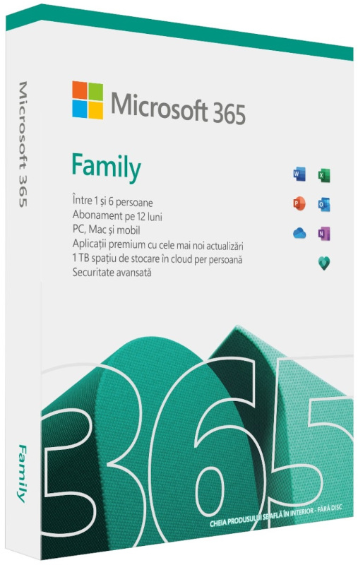Aplicatie Microsoft 365 Family 64-bit, Engleza, Subscriptie 1 an, 6 Utilizatori, Medialess Retail