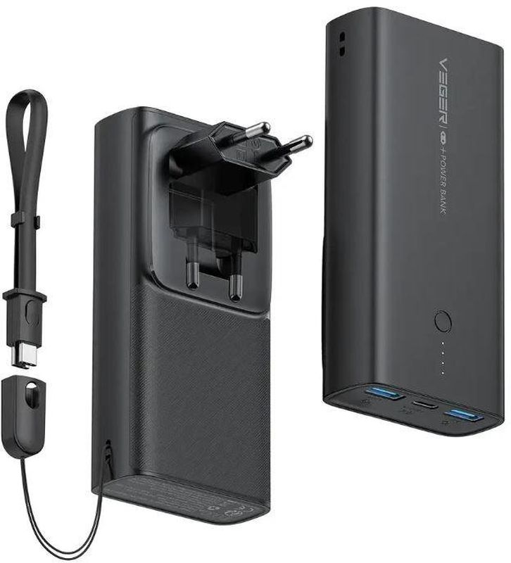 Baterie externa VEGER ACE100, 10000 mAh, 2x USB, 1x USB-C, negru