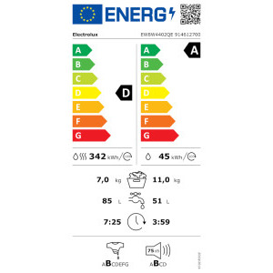 Electrolux EW8W4402QE, Spalare 11 kg, Uscare 7 kg, 1400 RPM, Clasa A, Inverter, UltraQuick, UniversalDose, SteamRefresh, DualCare, Alb