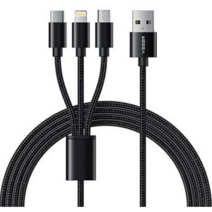 Cablu de date / adaptor VEGER 3-In-1 USB Male la microUSB, USB-C, Lightning Male, 1.5 m, Black