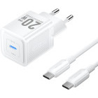 Incarcator retea Vention GaN, 1x USB-C, Quick Charge 20W, White + Cablu inclus USB-C la USB-C