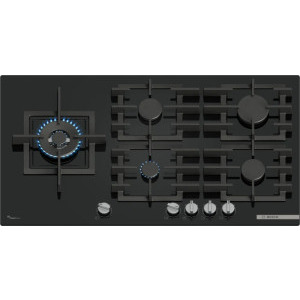 Plita incorporabila Bosch PPM9A6I40, Gaz, 5 zone de gatit, FlameSelect, Aprindere electrica integrata, Sistem de siguranta, Gratar fonta, Wok, 90 cm, Negru