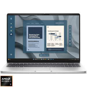 Laptop DELL 16 Pro 16 PC16255, FHD+, Procesor AMD Ryzen™ Al 7 350 (16M Cache, up to 5.0 GHz), 16GB DDR5, 512GB SSD, AMD Radeon 860M, Win 11 Pro, Platinum Silver, 3Yr ProSupport