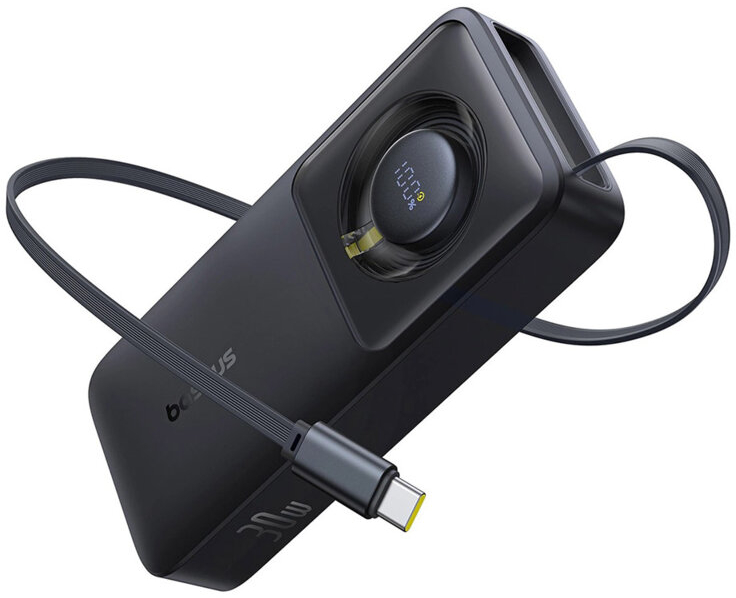 Baterie externa Baseus Free2Pull, 20000 mAh, 1x USB-C, 65 W, Display, Cablu USB-C integrat, Black