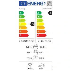 Samsung WD10HG6U34BEU4, Spalare 10 kg, Uscare 6 kg, 1400 RPM, Clasa A, Digital Inverter, AI EcoBubble, AI Energy, Hygiene Steam, SmartThings, Alb
