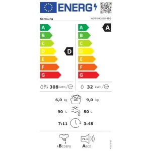 Samsung WD90HG6U94BBU4, Spalare 9 kg, Uscare 6 kg, 1400 RPM, Clasa A, Digital Inverter, Flex Auto Dispense, AI EcoBubble, AI Energy, Hygiene Steam, SmartThings, Negru