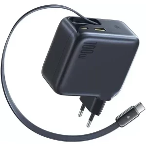 Baseus EnerCore CJ11, 1x USB-C, 1x USB, Quick Charge 100 W, Cablu USB-C retractabil, Black