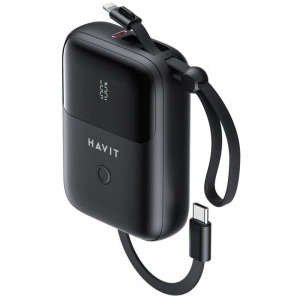 Havit PB5215, 10000 mAh, 1x Lightning, 2x USB-C, 20 W, Display, Cablu USB-C integrat, Black
