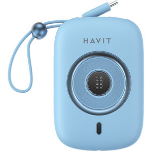 Baterie externa Havit PB5214, 10000 mAh, 1x USB-C, 35 W, Display, Cablu USB-C integrat, Blue