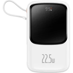 Baterie externa Baseus Qpow Pro Digital Display, 10000 mAh, 1x USB, 1x Lightning, 22.5 W, Display, Cablu USB-C integrat, White