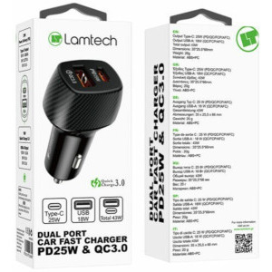 Lamtech 1x USB, 1x USB-C, PD 25W, QC 18W, Black