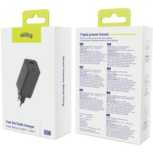 Allity ATC-01-65WACC, 2x USB-C, 1x USB, PD/QC 65W, GaN, Black