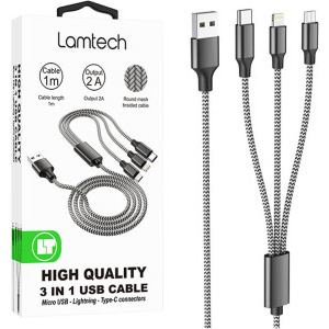 Lamtech USB Male la microUSB Male, USB-C Male, Lightning Male, 1 m, Black