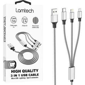 Lamtech 3-in-1, USB Male la microUSB Male, USB-C Male, Lightning Male, 2A, 1 m, Silver