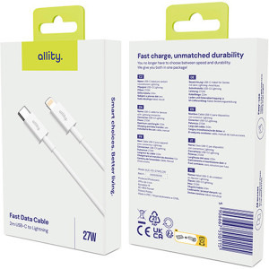 Allity AUC-02, USB-C Male la Lightning Male, 27 W 1 m, White