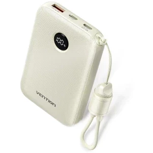 Baterie externa Vention FKAN0-C, 10000 mAh, 1x USB, 2x USB-C, 22.5 W, Display, Beige