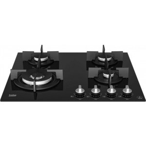 Beko HILW64322S, Gaz, 4 arzatoare, FlameAdjust, Arzator wok, Gratare fonta, 60 cm, Sticla neagra