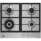 Plita incorporabila Beko HIAW64325SX, Gaz, 4 arzatoare, FlameAdjust, Arzator wok, Gratare fonta, 60 cm, Inox