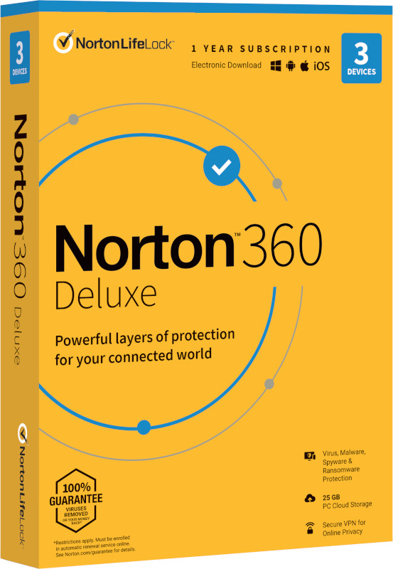Antivirus Norton 360 Deluxe, Backup 25GB, 1 Utilizator, 3 Dispozitive, 1 An