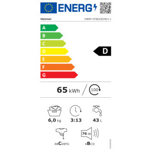 Heinner HWM-VT0610CHD++, Slim, 6 kg, 1000 RPM, Clasa D, Display, Blocare acces copii, Alb