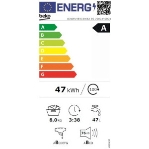Beko B3WFU48415WB2ES, 8 kg, 1400 RPM, Clasa A, ProSmart Inverter, EnergySpin, SteamCure, SteamTherapy, Iron Fast, Alb