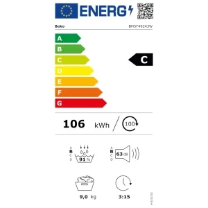 Beko BM5T49243W, Pompa de caldura, 9 kg, Clasa C, ProSmart Inverter, IronFinish, Eco Gentle, AquaWave, Iluminare interioara, Alb