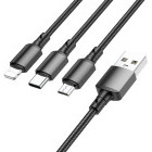 Cablu de date / adaptor Borofone BX72 USB Male la USB-C Male + micro USB Male + Lightning Male, 1 m, Black