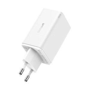 Baseus GaN6 Pro, 2x USB-C, 2x USB, Quick Charge 65W, White + cablu USB-C
