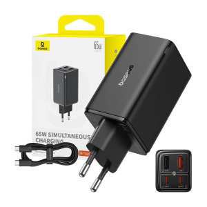 Baseus GaN6 Pro, 2x USB-C, 2x USB, Quick Charge 65W, Black + cablu USB-C