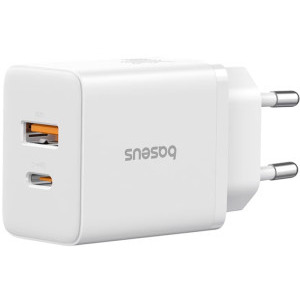Incarcator retea Baseus P10111404213-00, 1x USB-C, 1x USB, Quick Charge 30 W, White